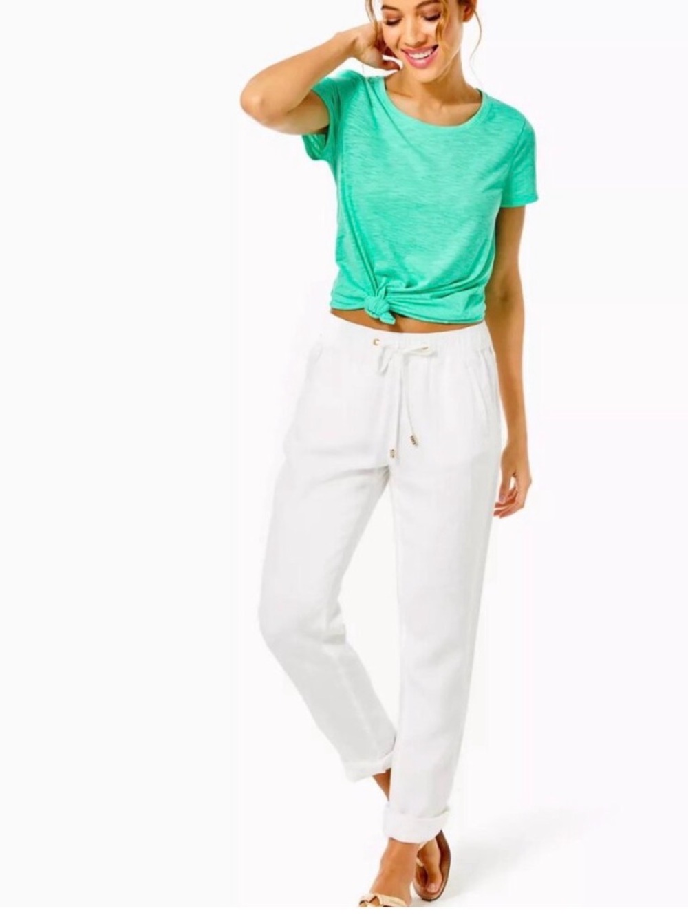 Lilly Pulitzer Taron Linen Pant White Mid Rise Pull On Small 31" Inseam
